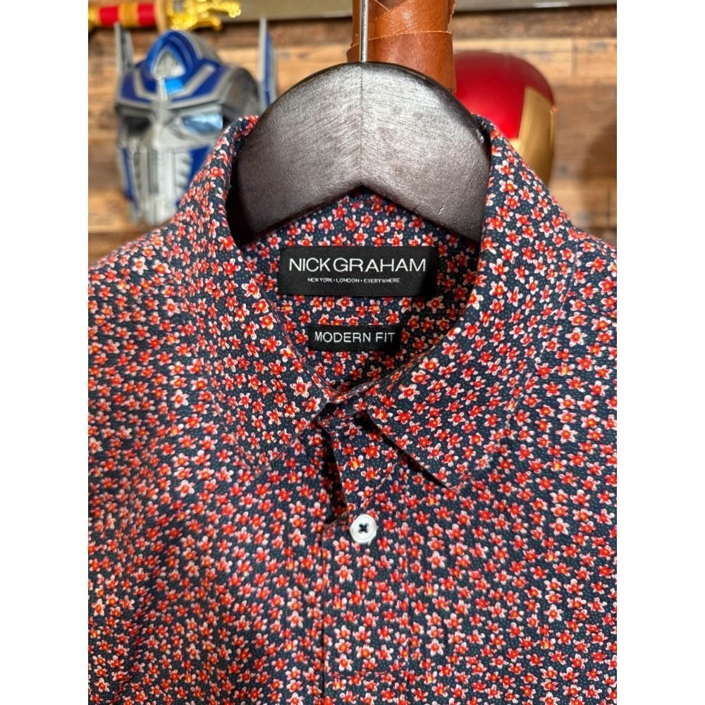 Nick Graham Modern Fit Navy Blue/Red Floral Button-Down Shirt Small